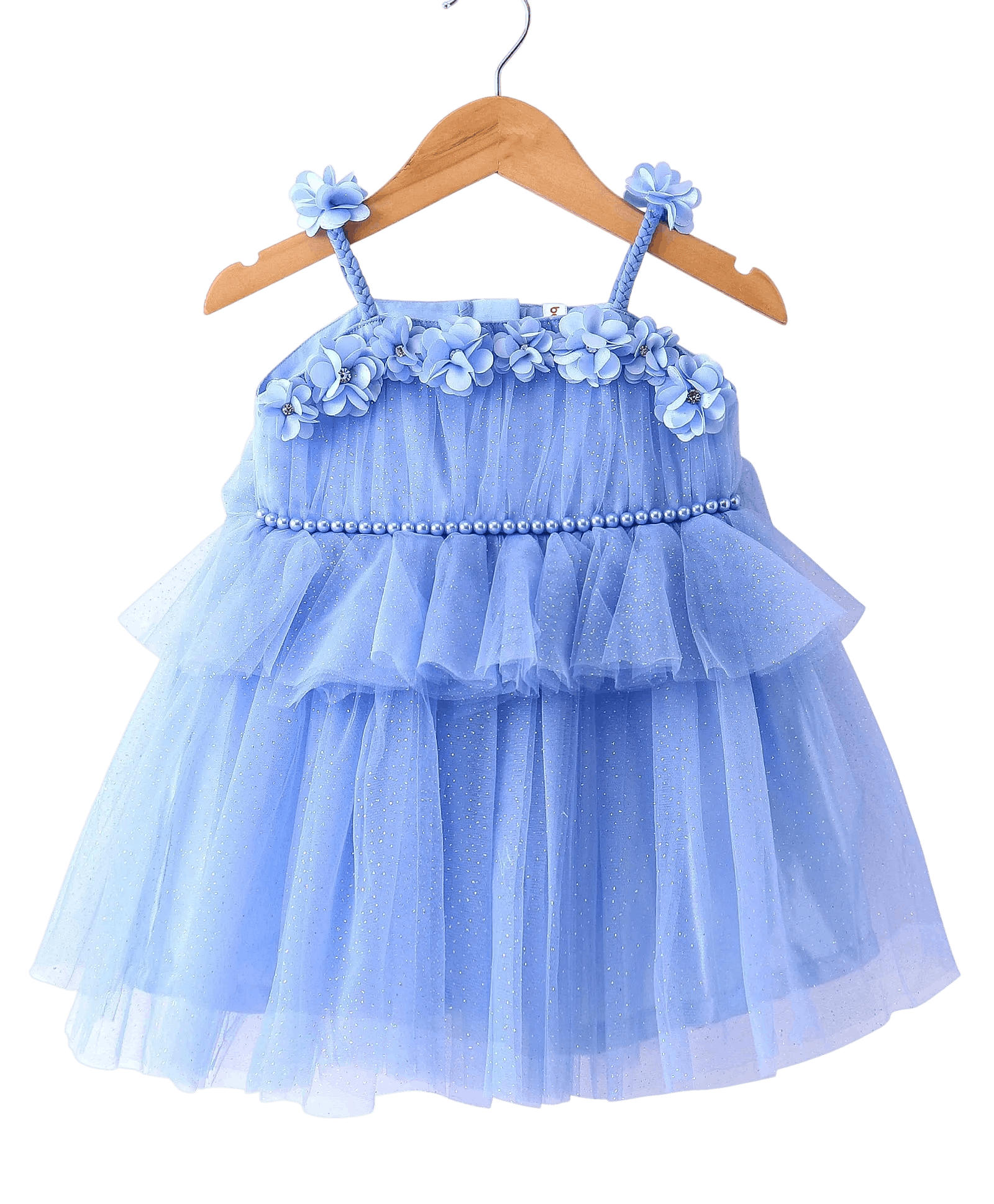 Babyhug Woven Sleeveless Shimmered Ruffled Party Frock with Floral Applique - Blue